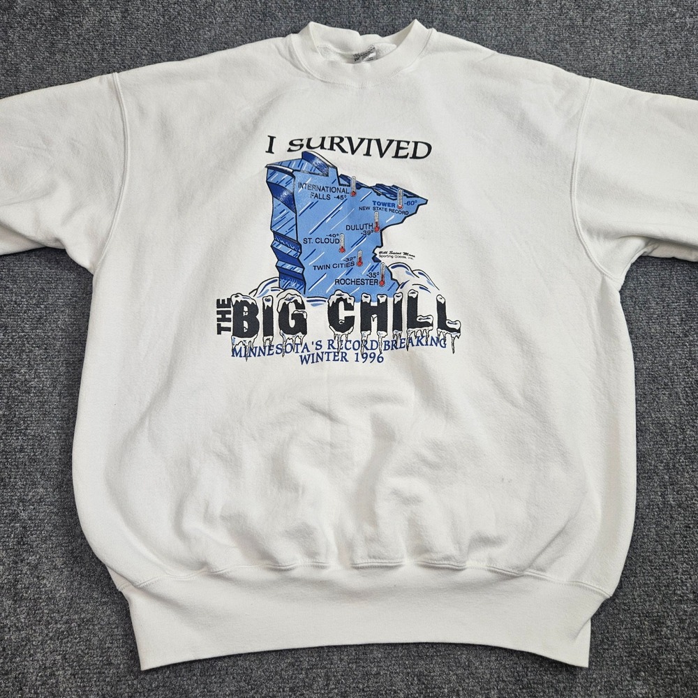 Vintage 90s Minnesota Sweatshirt Mens XXL Crewneck White I Survived Cold‎ Winter